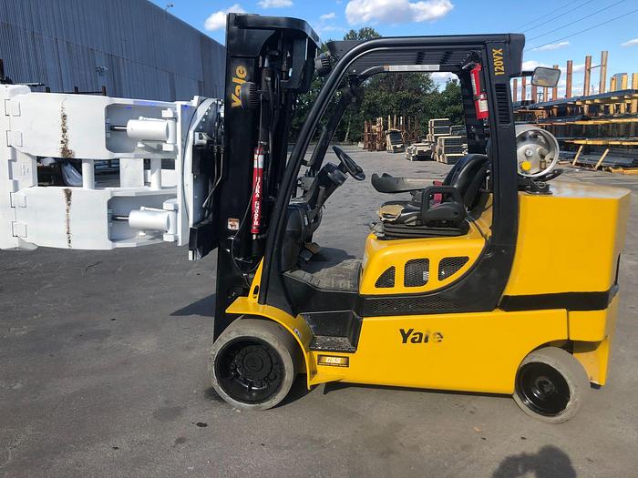 Used 12,000 POUND YALE ROLL CLAMP TRUCK MODEL GLC120VXPRS W/ 72" CLAMP MFG. 2015 RAISED MAST 185"