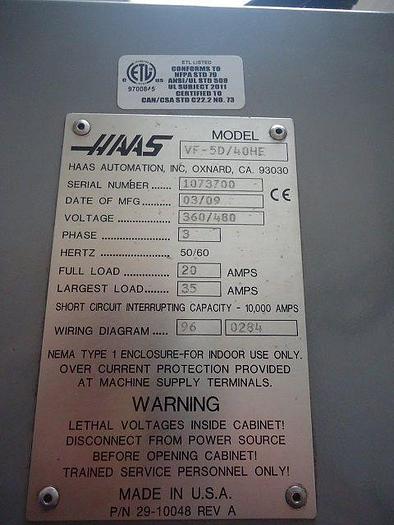 Used Haas VF-5D/40HE
