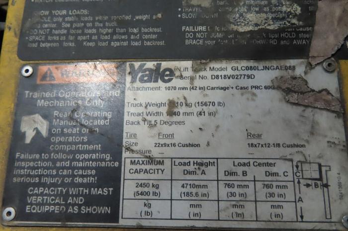 Used 8,000 POUND YALE MODEL GLC080LJNGAE088 PAPER ROLL CLAMP TRUCK 51" DIAMETER 5,500 HOURS