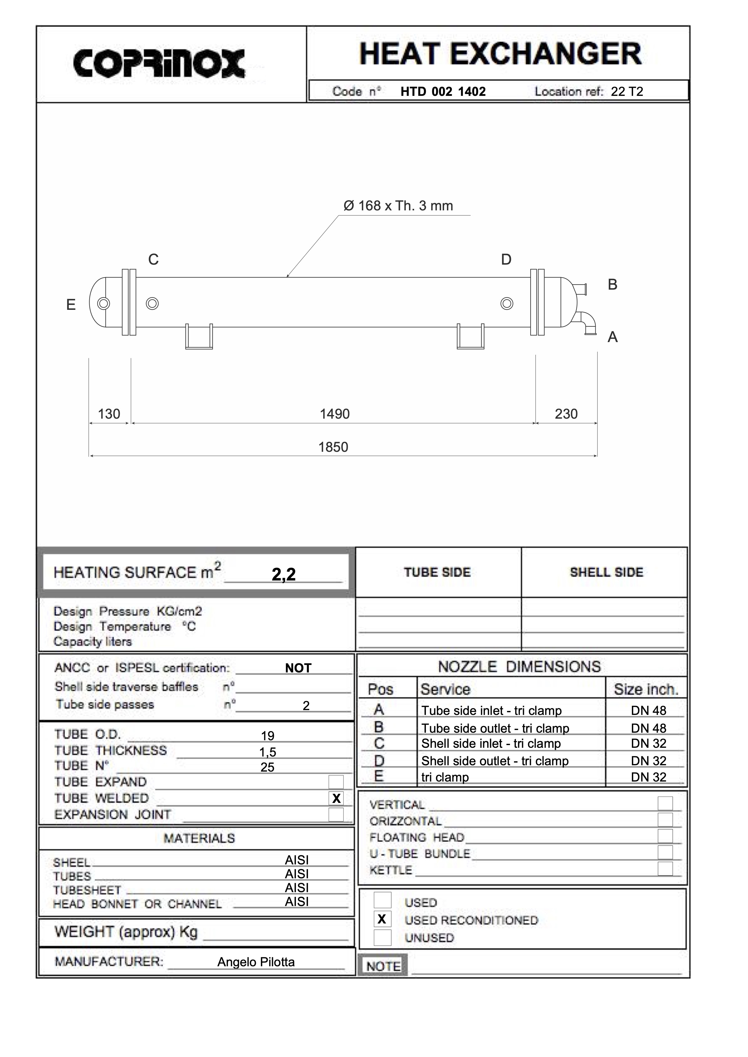 Usato Scambiatore di calore a fascio tubeiro da 2,2 metri quadrati