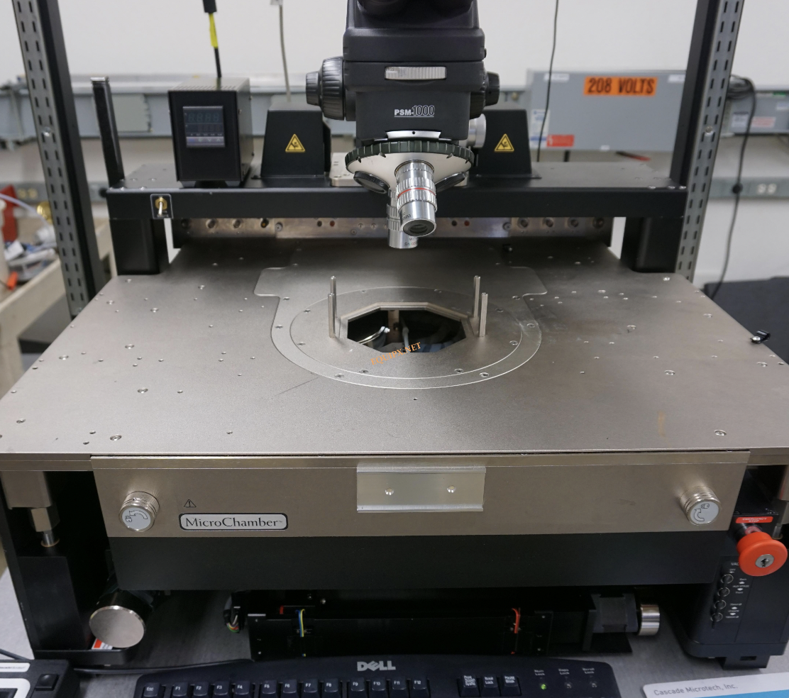 Used Cascade 12000 semiautomatic prober with 150mm thermal chuck, Motic PSM-1000 microscope and microchamber