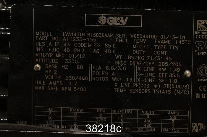 Unused Gl&V 2 Hp Ac Motor, 460 Volt, 3525 RPM #38218