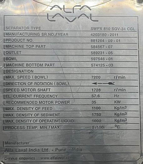 Refurbished Alfa Laval SWPX 810 SGV-34