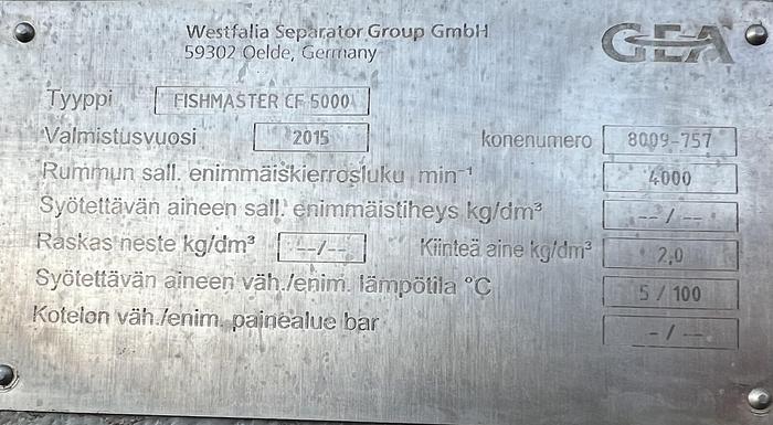 Refurbished Westfalia Decanter centrifuge, Fishmaster type CF 5000