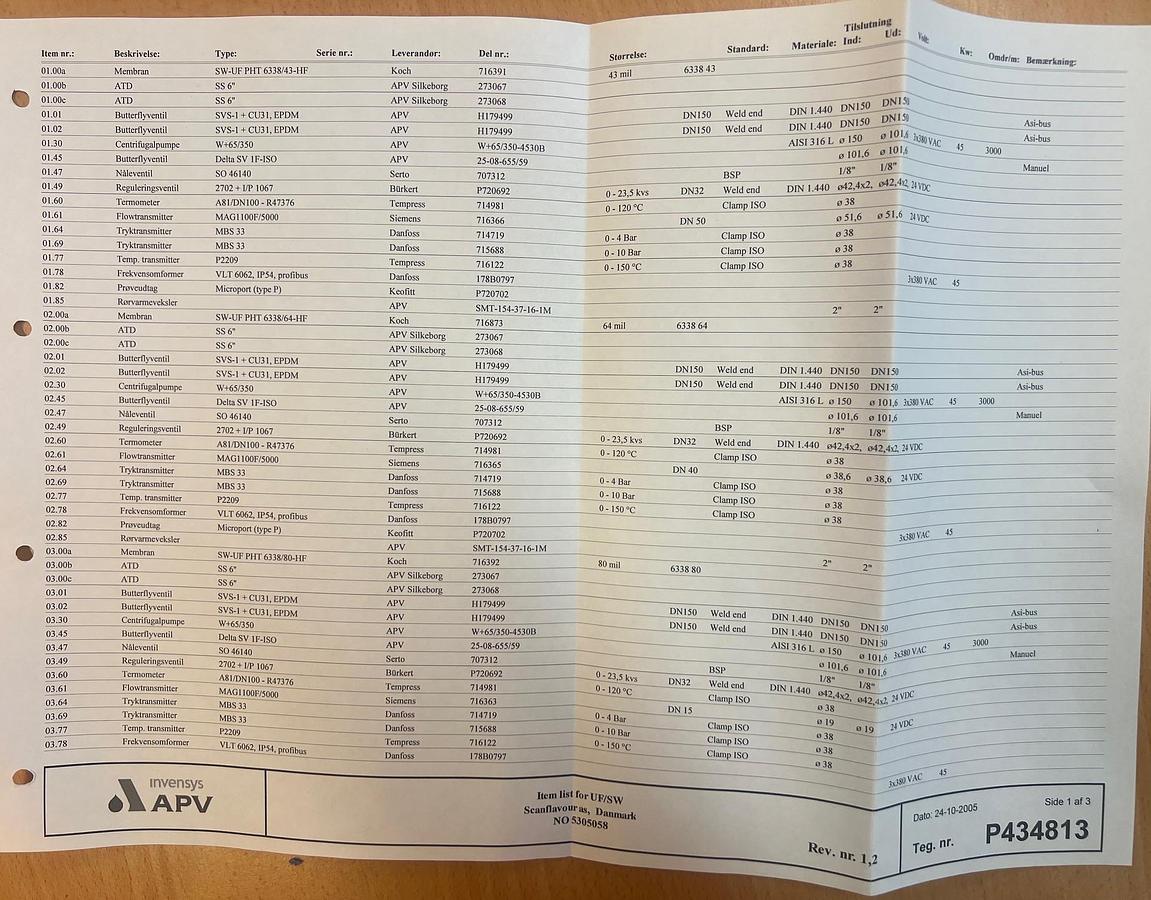 Used 2006 APV Invensys A/S UF- membrane plant