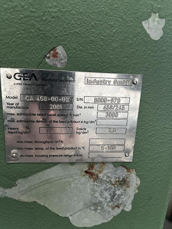 Used 2001 Westfalia Separator GmbH Decanter centrifuge, type CA 458-00-010