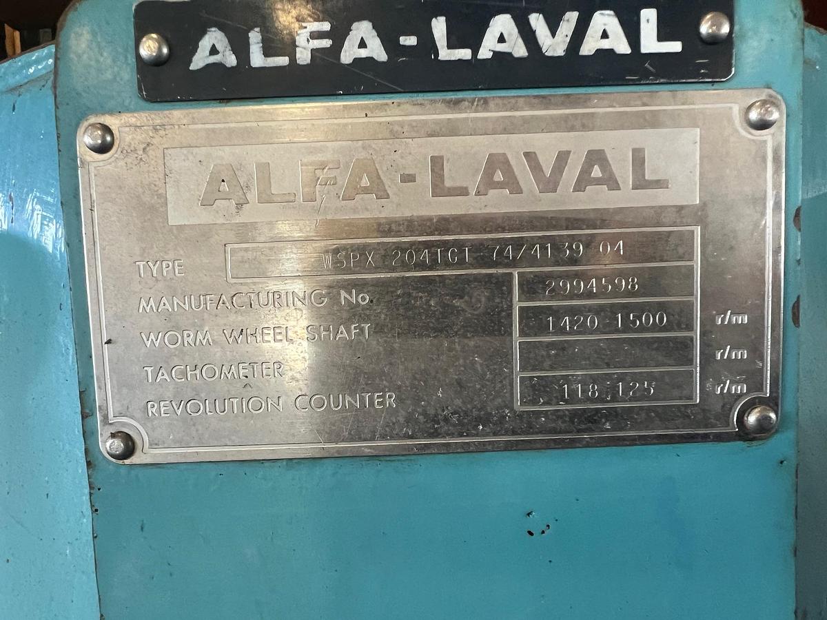 Used Alfa Laval WSPX204-TGT-74. Used for separating tramp oils from cooling liquids.