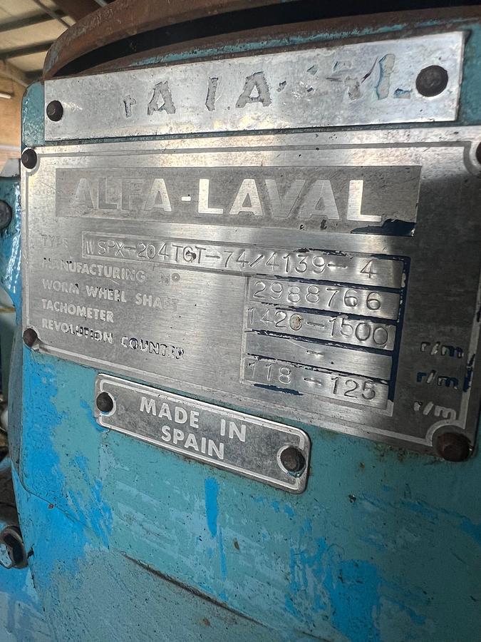 Used Alfa Laval WSPX204-TGT-74. Used for separating tramp oils from cooling liquids.