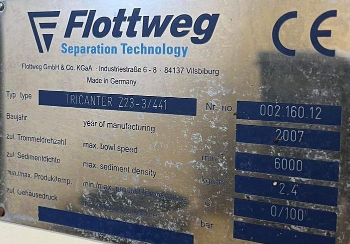Refurbished 2007 Flottweg Separation Technology Tricanter Z23-3/441