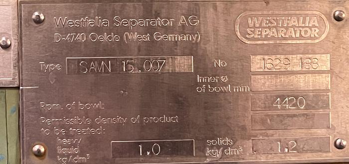 Used Westfalia separator type SAMN 15007 in purifier configuration