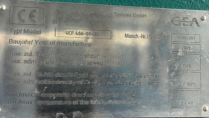 Used 2009 Westfalia Separator GmbH Decanter centrifuge, type UCF 466-00-35