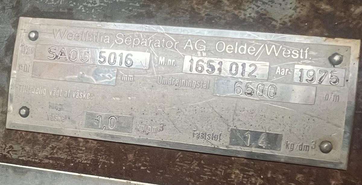 Used 1975 GEA Westfalia Separator SAOG 5016