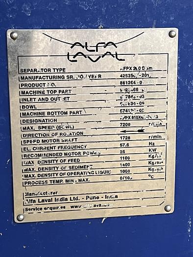 Used 2017 Alfa Laval AFPX 810XGD-74 concentrator