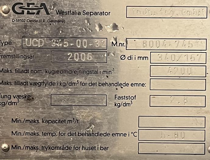 Used 2005 Westfalia Separator GmbH Decanter centrifuge, type UCD 345-00-32