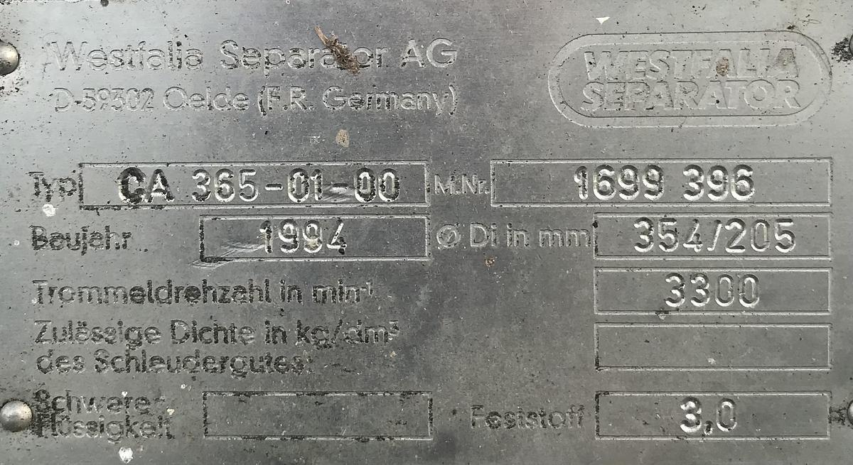 Used 1994 GEA Westfalia Separator CA 365-01-00