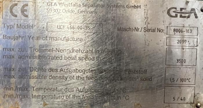 Used 2009 Westfalia Separator GmbH Decanter centrifuge, type UCF 466-00-35