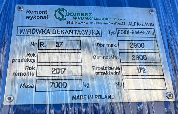 Refurbished Alfa Laval PONX 944B-31G decanter centrifuge