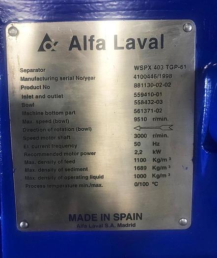 Used Alfa Laval WSPX 403TGP-61G separator