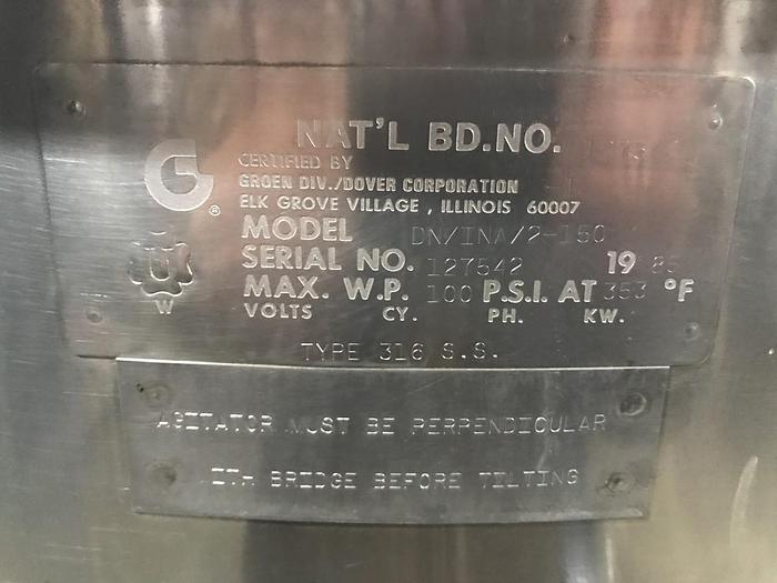 Used GROEN DN/INA/2-150 DIRECT STEAM 150 GAL. TILTING COOKER/MIXER, AGITATION & SCRAPE SURFACE, 3" DISCHARGE VALVE. DN/INA/2-150 only @ AMERICA'S STEAM KETTLE HEADQUARTERS !