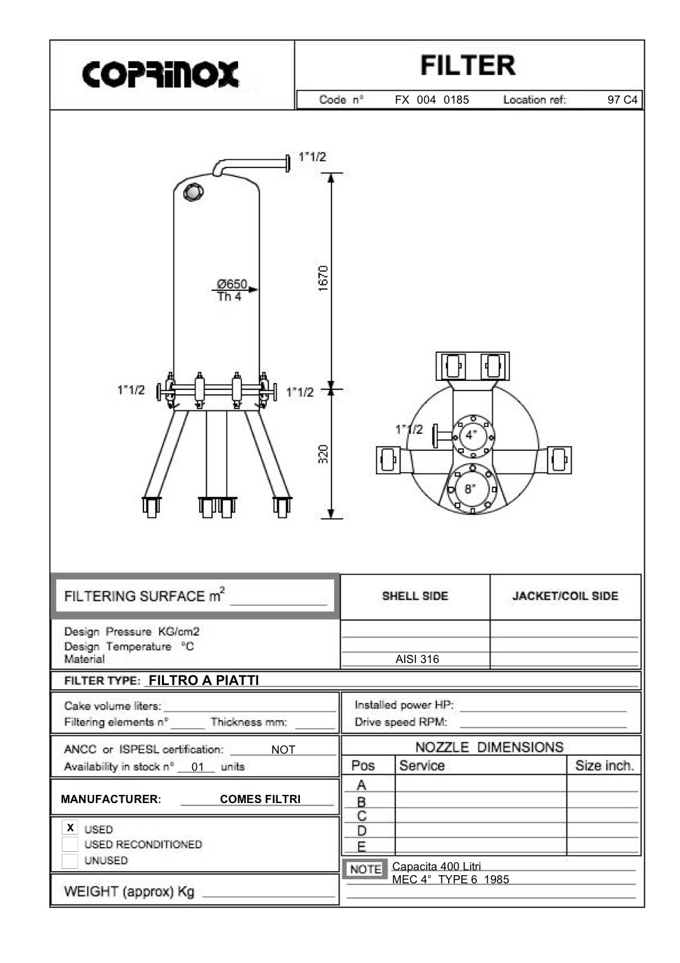 Usato Filtro a piatti