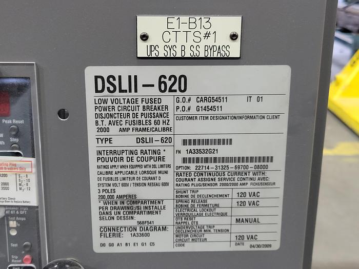 Used 2009 Eaton Cutler-Hammer DSLII-620 2000 Amp 3 Pole Low-Voltage Fused Power Circuit Breaker