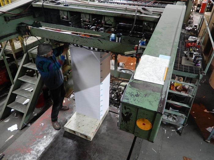 Used 74" (1.87M)  LENOX SINGLE ROTARY KNIFE SHEETER 3 UNWIND STANDS AND STACKER