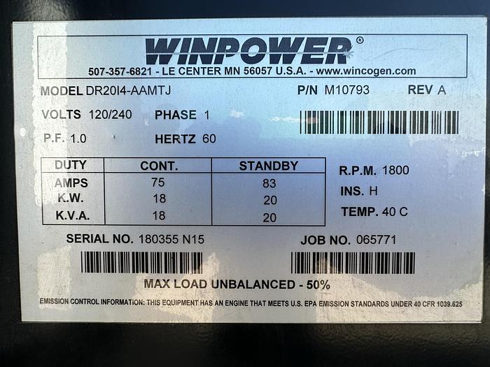 Used Used Winpower DR20 Isuzu BV-4LE1 Rental Grade Diesel Generator 6886 Hrs EPA Tier 3, 20 KW