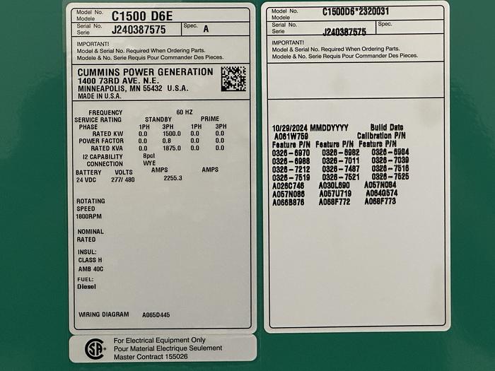 New Cummins C1500D6E Diesel Generator, 0 Hrs, EPA Tier 2, 1500 KW