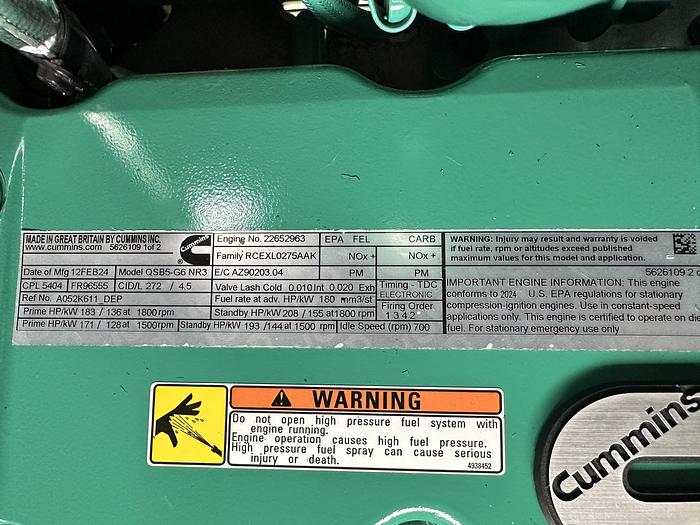 New Cummins C125D6C QSB5-G6 NR3 Diesel Generator, 0 Hrs, EPA Tier 3, 125 KW