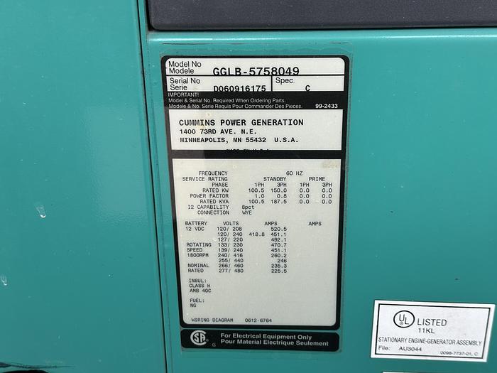 Used Used Cummins GGLB Natural Gas / Propane Generator, 1181 Hrs, 150 KW