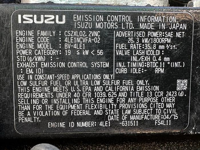 Used Used Winpower DR20 Isuzu BV-4LE1 Rental Grade Diesel Generator 6886 Hrs EPA Tier 3, 20 KW