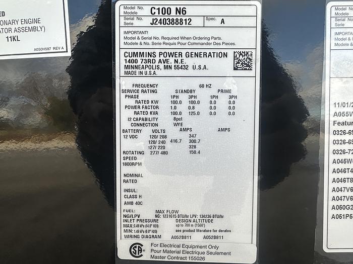 New Cummins C100N6 QSJ8.9G Natural Gas / Propane Generator, EPA Certified 1 or 3 Phase, 100 KW