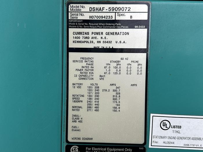 Used Used Cummins DSHAF Diesel Generator, 27 Hrs, EPA Tier 3, 100 KW