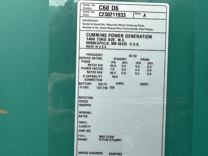 New Cummins C60D6 Diesel Generator, EPA Tier 3 - Single Phase, 60 KW