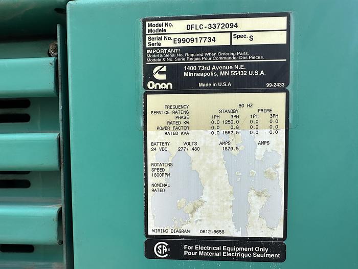 Used Used Cummins DFLC KTA50-G3 Diesel Generator, 400 Hrs, 1250 KW