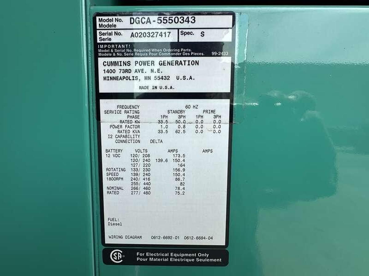 Used Used Cummins 4TB3.9-G4 Diesel Generator, 844 Hrs 50 kW