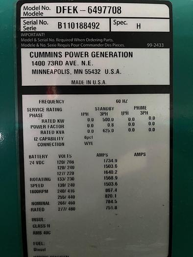 Used Used Cummins DFEK QSX15-G9 Diesel Generator, 300 Hrs, EPA Tier 2, 500 KW