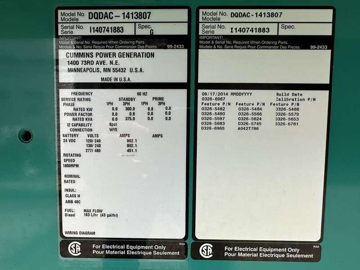 Used Cummins DQDAC QSL9-G7 Diesel Generator, 291 Hrs, EPA Tier 3  300 kW