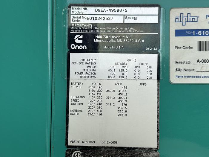 Used Used Cummins DGEA 6CT8.3-G2 Diesel Generator, 670 Hrs, 125 KW