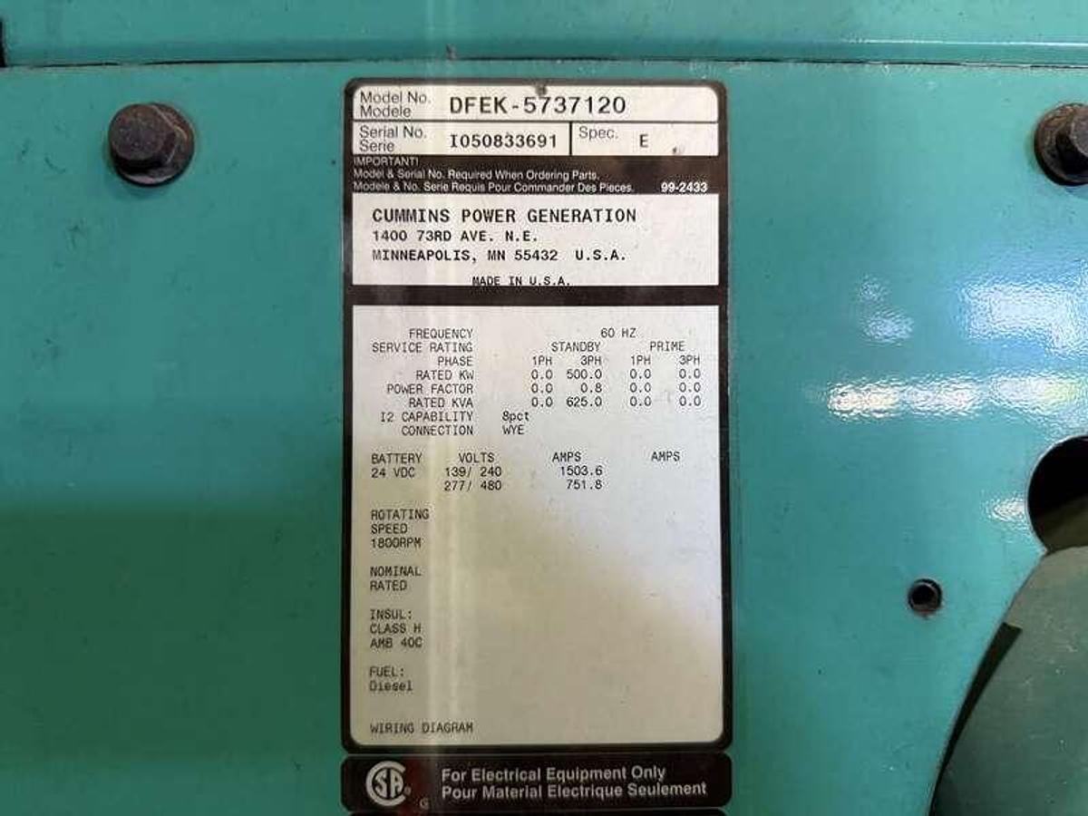 Used Cummins DFEK QSX15-G9 Diesel Generator, 371 Hrs, EPA Tier 2 500 kW