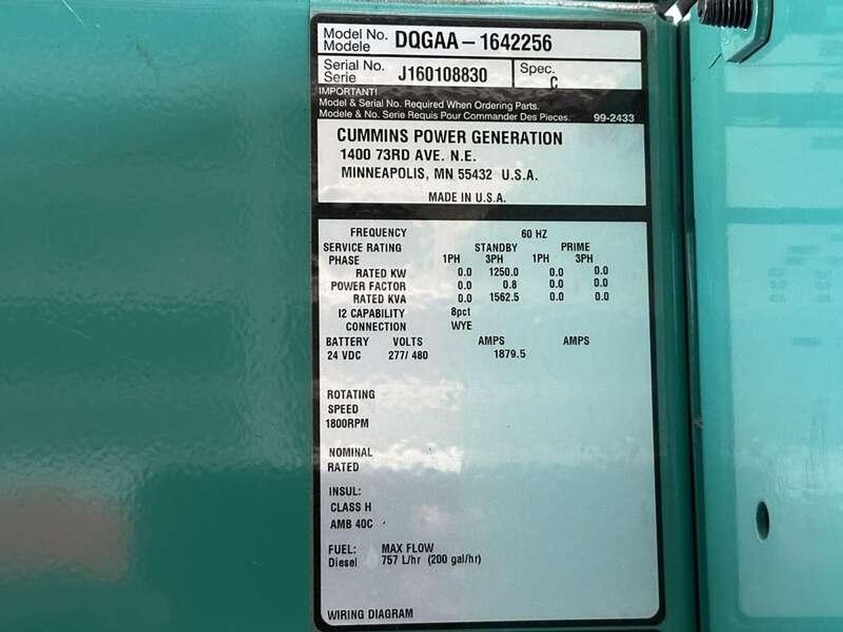 Used Used Cummins DQGAA Diesel Generator, 241 Hrs, EPA Tier 2 1250 kW