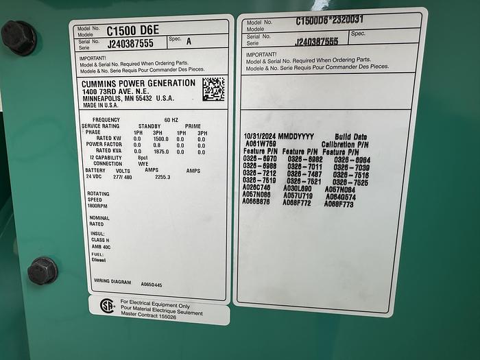 New Cummins C1500D6E Diesel Generator, 0 Hrs, EPA Tier 2, 1500 KW