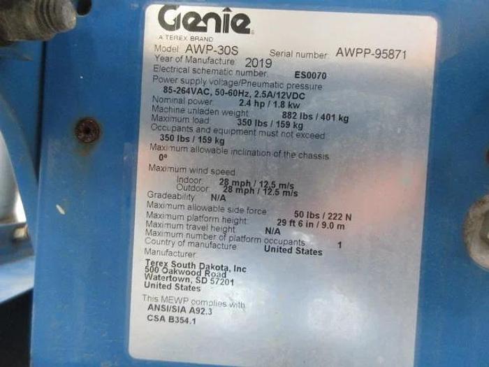 Used 2019 GENIE MODEL  AWP-30S 30’ Platform Height / 36’ Work Height