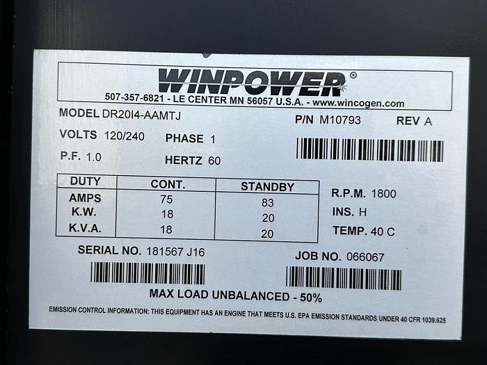 Used Used Winpower DR20 Isuzu BV-4LE1 Rental Grade Diesel Generator 6402 Hrs EPA Tier 3, 20 KW