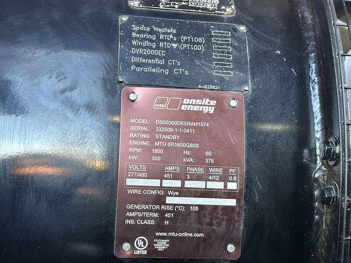 Used MTU 300 kW standby (275 kW prime) diesel generator set, model DS300,