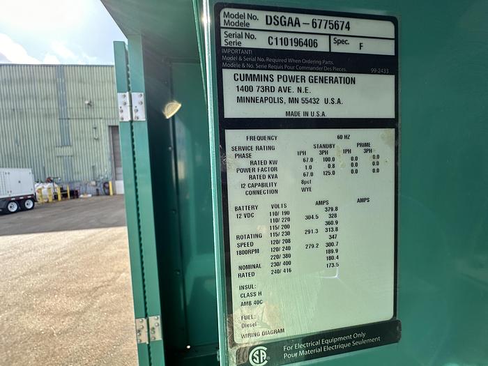 Used Used Cummins DSGAA Diesel Generator, 446 Hrs, EPA Tier 3, 100 KW