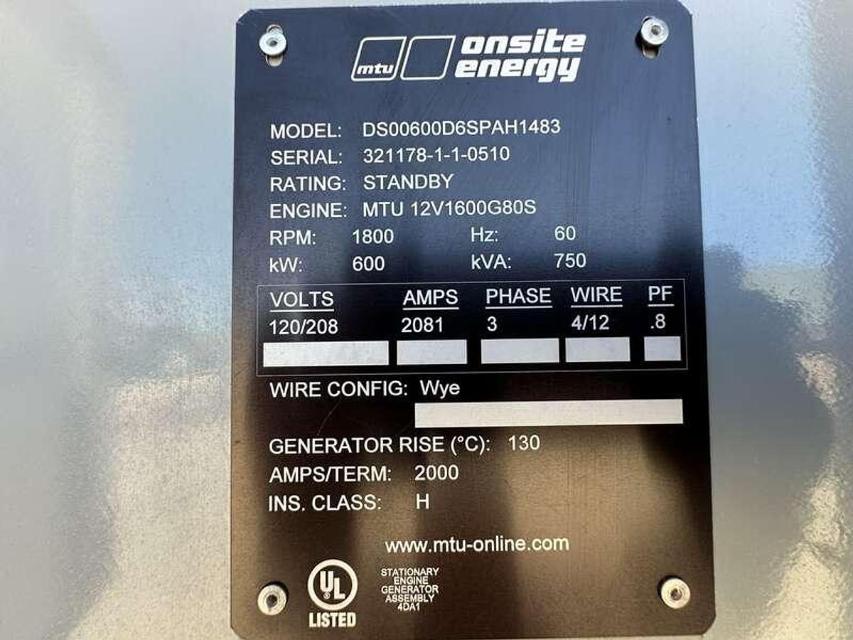 Used Used MTU DS600 12V1600G80S Diesel Generator, 293 Hrs, EPA Tier 2 600 kW