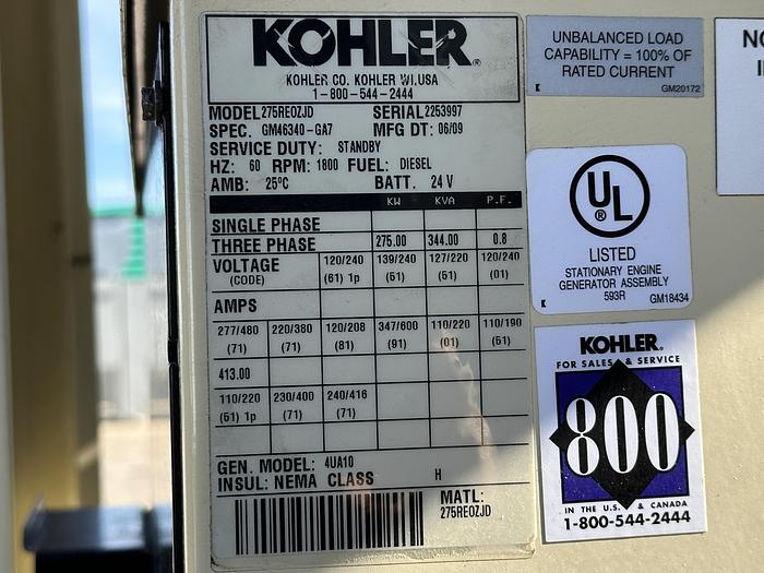Used Used Kohler 275REOZJD John Deere 6090HF485 Diesel Generator, 342 Hrs, EPA Tier 3, 275 KW