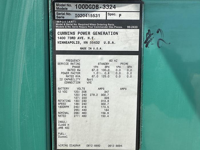 Used Used Cummins DGDB 6BT5.9-G6 Diesel Generator, 265 Hrs, 100 KW