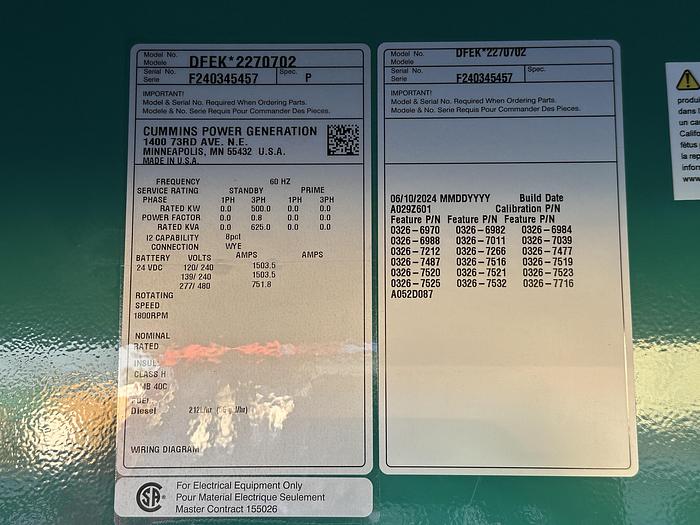 New Cummins DFEK QSX15-G9 Diesel Generator EPA Tier 2, 500 KW